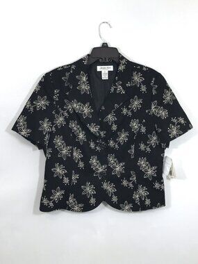 Embroidered Floral Blazer Jacket Collared 2 Button Black Sz M, Judith Hart